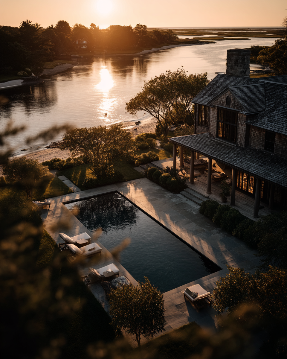Hamptons estate at golden sunset